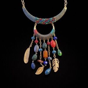 Multicolor Genuine Stone Glass Feather Bib Statement Necklace Gold Tone 14.5in